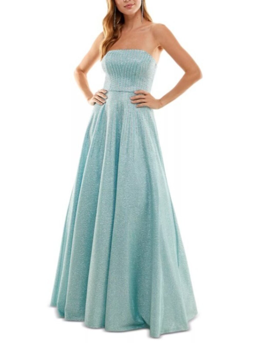 Say Yes to the Prom Juniors' Lace-Up-Back Strapless Gown Light Blue Silver 13